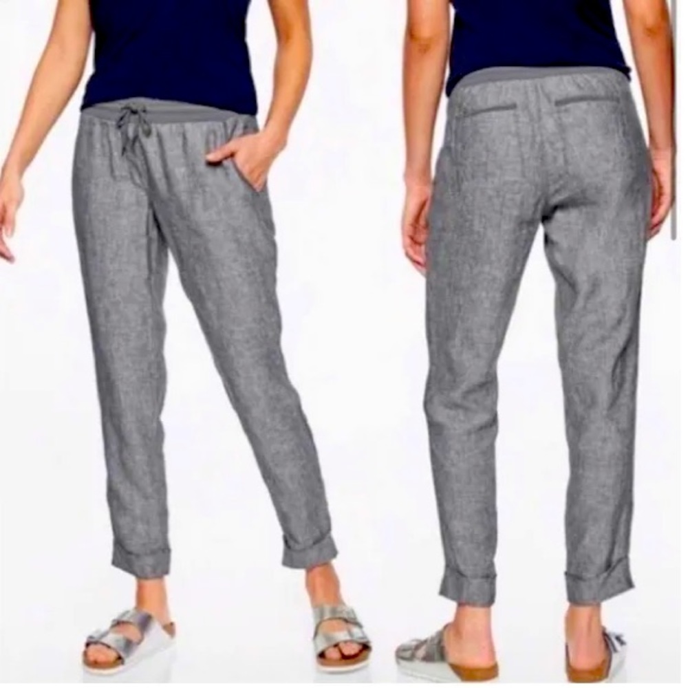 Athleta Bali Linen Straight Leg Gray Draw String Pants Petite 2
